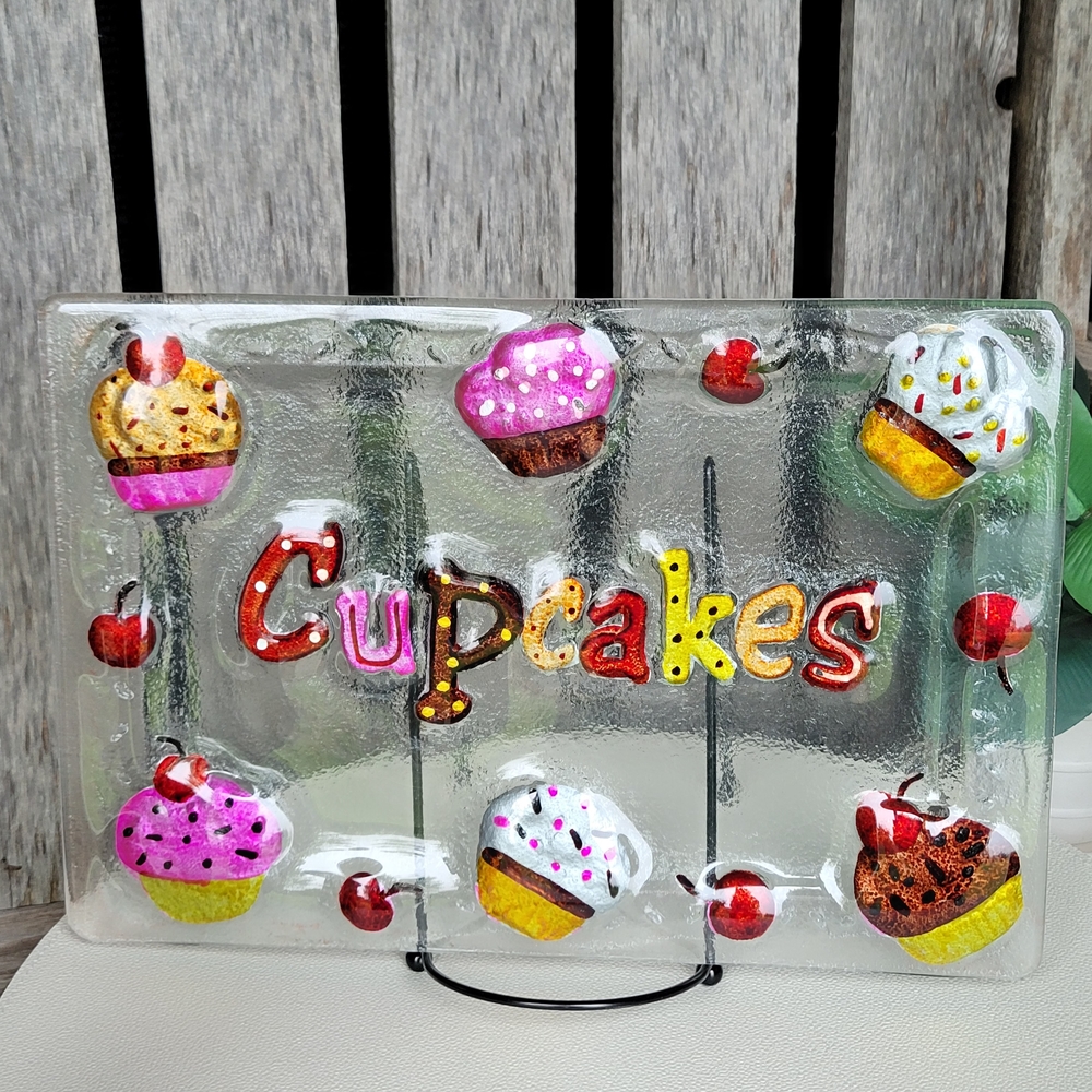 Cupcakes & Cherries Handpainted Fused Glass Rectangle Platter - Picture 3 of 8